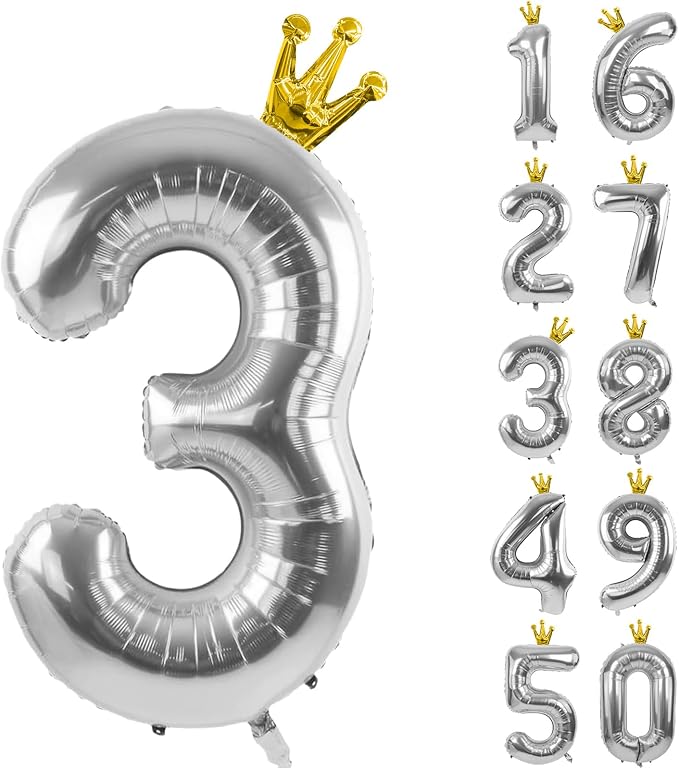 Silver Number 3 Balloon with Crown, 40 inch Silver Number Balloon 3rd Birthday by Yeodong