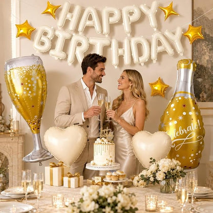 Cream Happy Birthday Balloons Banner, Champagne Bottle Glass Foil Balloon - Image 3