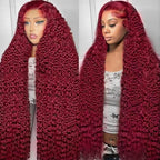 32 Inch 99J Burgundy Lace Front Wigs Human Hair Red Burgundy Wig 200% Density 13x6 Deep Wave Lace Front Wigs Human Hair Pre Plucked Glueless Lace Frontal Wigs for Women
