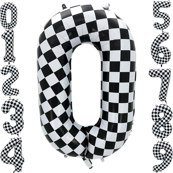 42 Inch Checkered Number Balloon 0, Large Race Car Birthday Party Supplies by Eoopoon