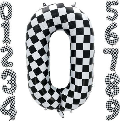 42 Inch Checkered Number Balloon 0, Large Race Car Birthday Party Supplies by Eoopoon