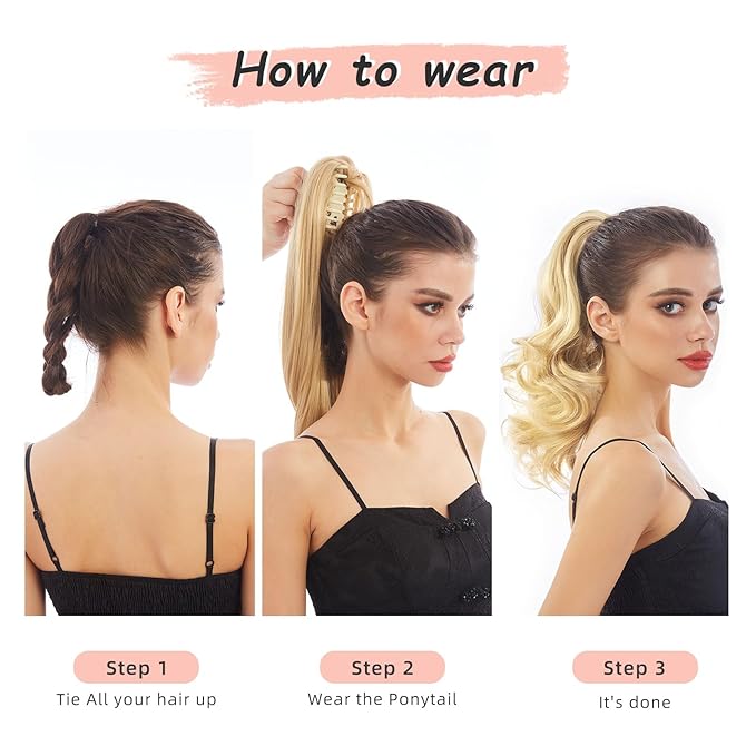 Ponytail Extension, Clip on Ponytails for Women, 12" Claw Clip in Short Curly Wavy Pony Hair Extension for Women - Natural Black