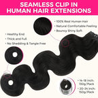 Lashey Seamless Clip in Hair Extensions Human Hair 9pcs 130g Body Wave Hair Extension 14 Inch #1B Natural Black Soft Natural Human Hair Clip in Hair Extensions with Invisi Edge