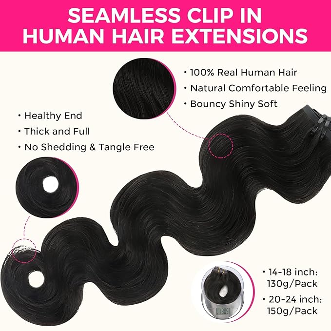 Lashey Seamless Clip in Hair Extensions Human Hair 9pcs 130g Body Wave Hair Extension 14 Inch #1B Natural Black Soft Natural Human Hair Clip in Hair Extensions with Invisi Edge