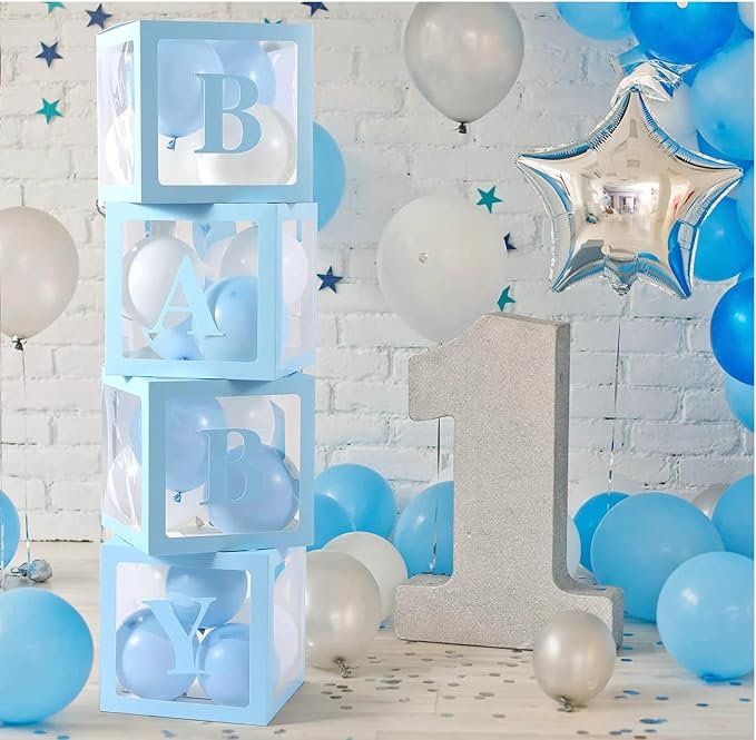 Baby Shower Boxes Party Decorations – 4 pcs Blue Transparent Balloon Boxes – - Image 4