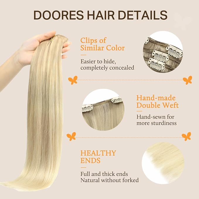 DOORES Classic Clip Seamless Clip, 5pcs 80g 20 Inch Balayage Ash Blonde to Golden Blonde and Platinum Blonde
