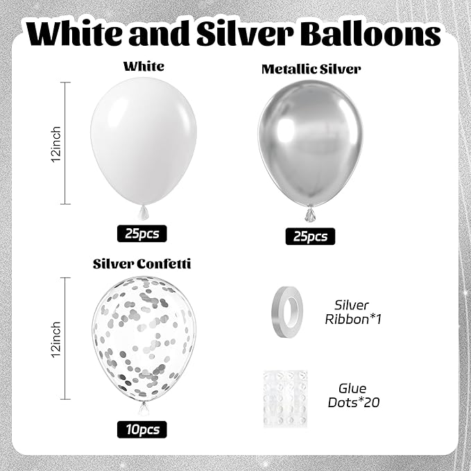 60pcs White and Silver Balloons 12inch - Image 2