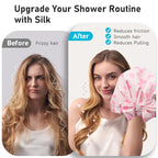 LitBear Luxury Silk Lined Shower Caps for Women Reusable Waterproof, Double Layered Large Bathing Hair Cap with Adjustable Elastic Strap, Non-slip, Quick-dry, for Long Short Hair, Pink Heart
