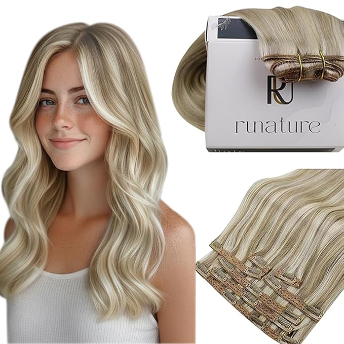 RUNATURE Clip in Hair Extensions Real Human Hair Clip in Extensions, Blonde Hair Extensions Clip ins, Tangle Free, 10 Inch 80g 7pcs #8P60 Ash Brown Highlight Platinum Blonde