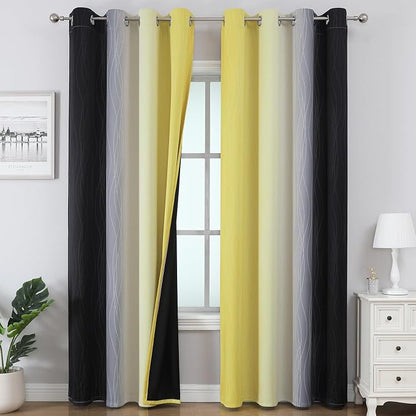 Black and Yellow Ombre Blackout Curtains 90 Inch Length 2 Panels Set, Thermal by ESTELARTEXTILER