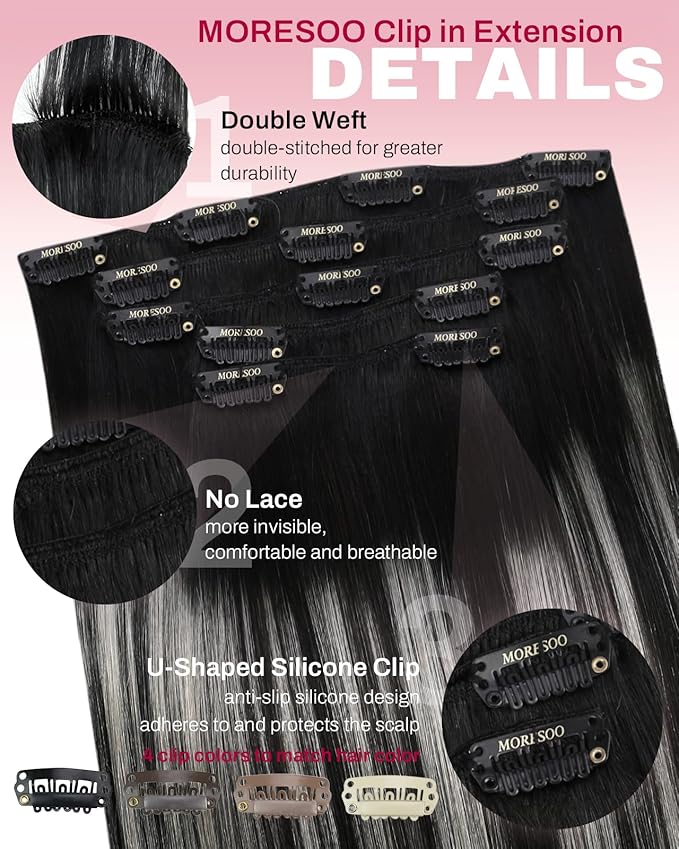 Moresoo Clip in Hair Extensions Real Human Hair Double Weft Human Hair Clip in Extensions Straight Ombre Balayage Black Mixed with Silver Grey 5pcs 80g 18inch