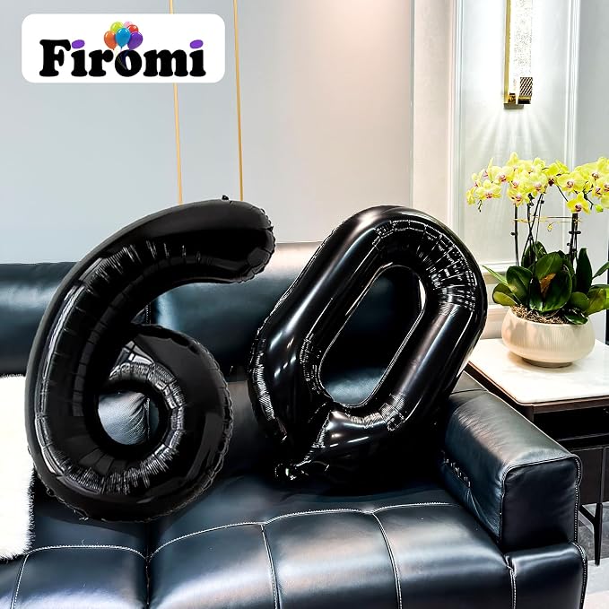 FIROMI 60 Number Balloons Black Big Mylar Foil 60th Balloon Numbers 40-inch | - Image 3