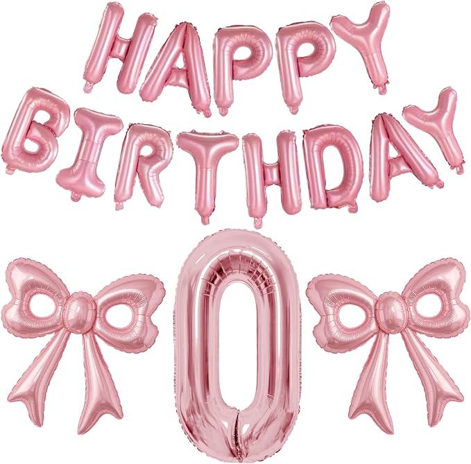Bow Number 0 Birthday Balloons, 40”Pink Aluminum Foil Balloons Happy Birthday by BSRESIN