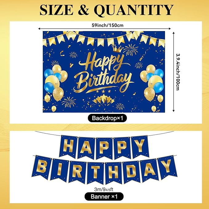 Blue Gold Birthday Decorations for Men Women | Pre-Strung Happy Birthday Banner - Image 6
