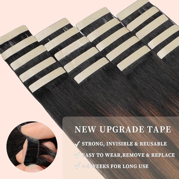 Tape in Hair Extensions Real Human Hair 24 Inch Balayage Natural Black Mixed Chestnut Brown Skin Weft Hair Extension Invisible Tape in Hair Extensions for Women 20pcs (1B/1B/6#,24 Inch)