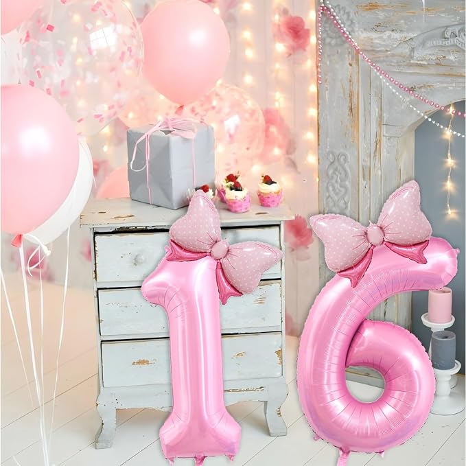 40 inch Number 16 Balloon with Bow Pink Happy Birthday Jumbo Number Balloons - Image 3