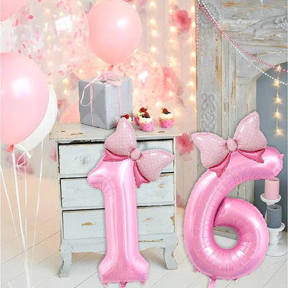 40 inch Number 16 Balloon with Bow Pink Happy Birthday Jumbo Number Balloons - Image 3