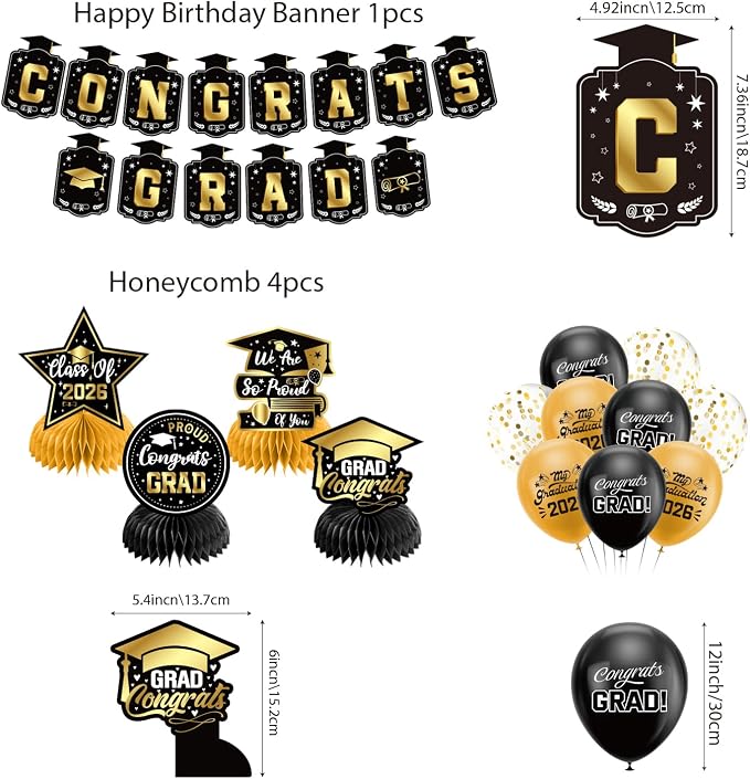 Graduation Decorations 2026 Set Black Gold, Congrats Grad Decor Set - Image 4