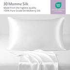 Mulberry Park 30 Momme 100% Pure Mulberry Silk Pillowcase - Luxury Charmeuse Weave for Hair and Skin, Cooling Silk Pillow Cover for Beauty Sleep - King Size 20"x36" / White