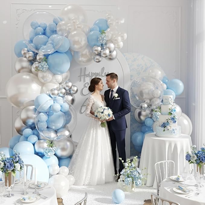 Blue Silver Pearl White Balloon Arch Kit - Image 7