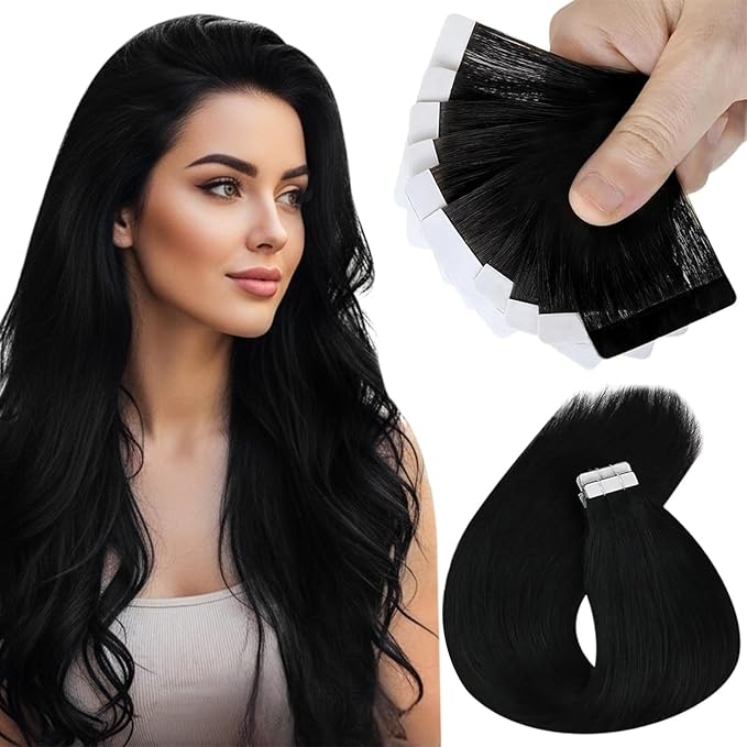 Sunny Hair Tape in Hair Extensions Real Human Hair Invisible Remy Hair Extensions Tape ins for Women Jet Black 18 inch 25G