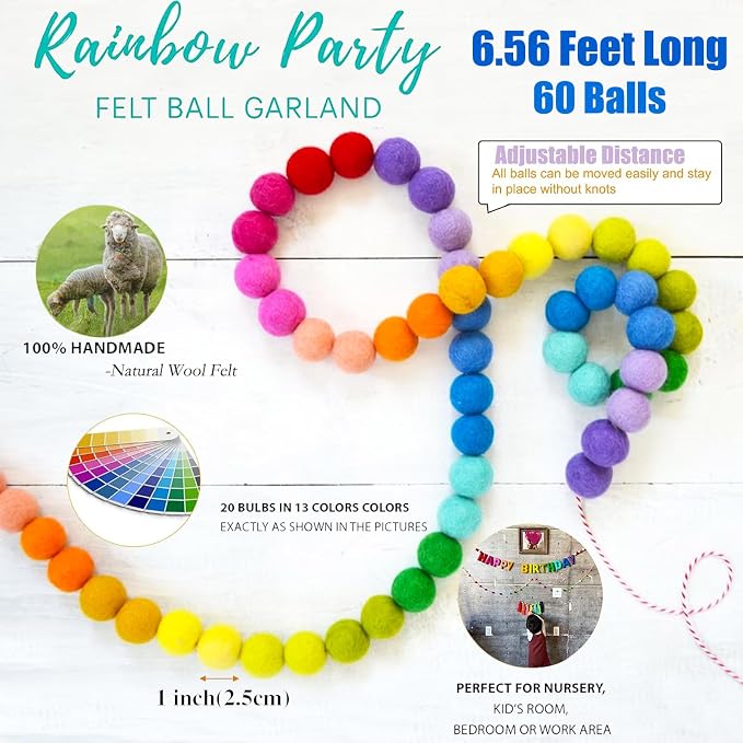 Colorful Wool Felt Ball Banner Garland, Handmade Rainbow Pom Pom Garland | 6.56 - Image 5