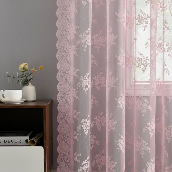 Kotile Vintage Pink Lace Curtains - Image 4
