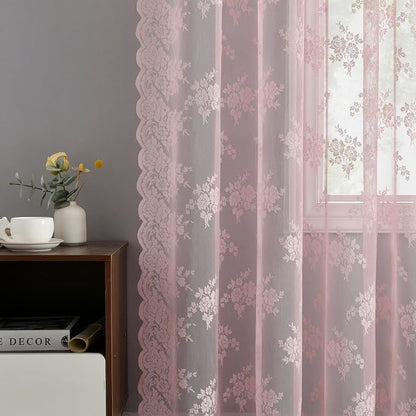 Kotile Pink Lace Curtains for Bedroom Rustic Floral W42xL54 Inch, 2 Panels | - Image 4