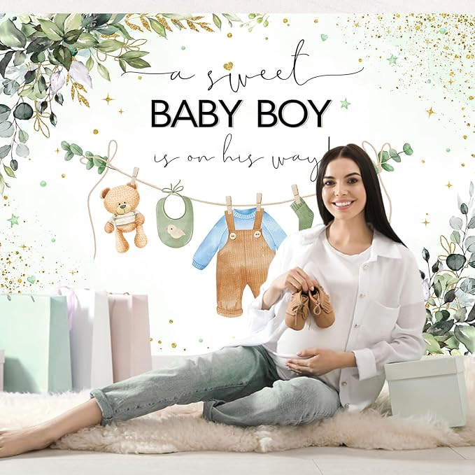 InMemory Green Baby Shower Backdrop Oh Baby Clothes Welcome Newborn Party - Image 3