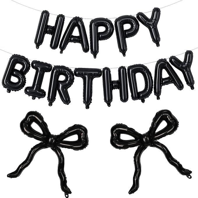 Black Bow Happy Birthday Balloons Banner, 22 Inch Black Bow Foil Balloons by Togvu