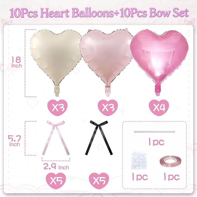 Pink White Heart Balloons with Ribbon Bow, 18 Inch Helium Balloon with Bow Decor - Image 2