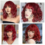 MISSQUEEN Short Red Wigs for Women with Bangs Wine Red Wavy Curly Bob Wig