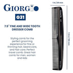 Giorgio G31 Fine Tooth and Wide Tooth, Hair Comb - Hair Styling Comb for Men, and for Women, Mens Beard Care Combs for Detangling and Styling - Handmade Saw-Cut and Hand Polished (Black Graphite)