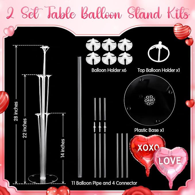 Seematn 2 Set Valentines Day Table Centerpiece Red Pink Balloon Stand Kit Heart - Image 3