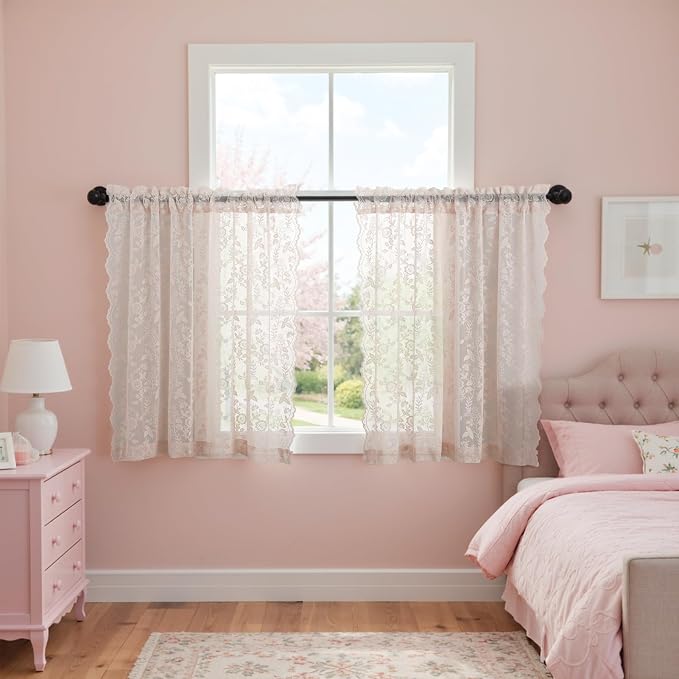 Short Blush Lace Curtains Rustic Leaf Floral W42 x L45 Inch 2 Panels | Rod - Image 7