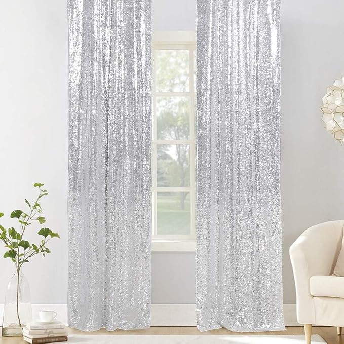 PartyDelight Silver Sequin Backdrop Curtains 2x8ft 4 Panels | Sparkly 3mm - Image 5