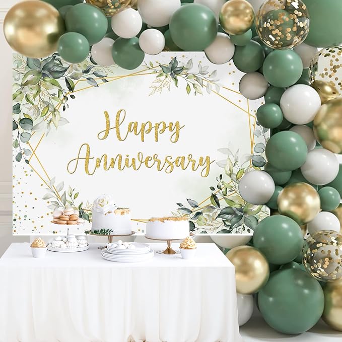 Mocsicka 7x5ft Anniversary Backdrop Large Greenery Happy Anniversary Family - Image 2