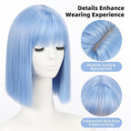Allbell Light Blue Wigs for Women Short Bob with Bangs Heat Resistant Synthetic Hair 12 inch for Daily Party Halloween Costume Use