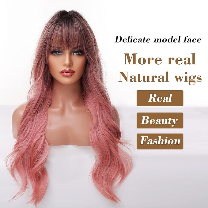 EMMOR Long Ombre Pink Wig for Women - Natural Curly Hair Synthetic Wigs With Bang Dark Root, Party Cosplay Daily Use (2pcs Free Wig Cap)