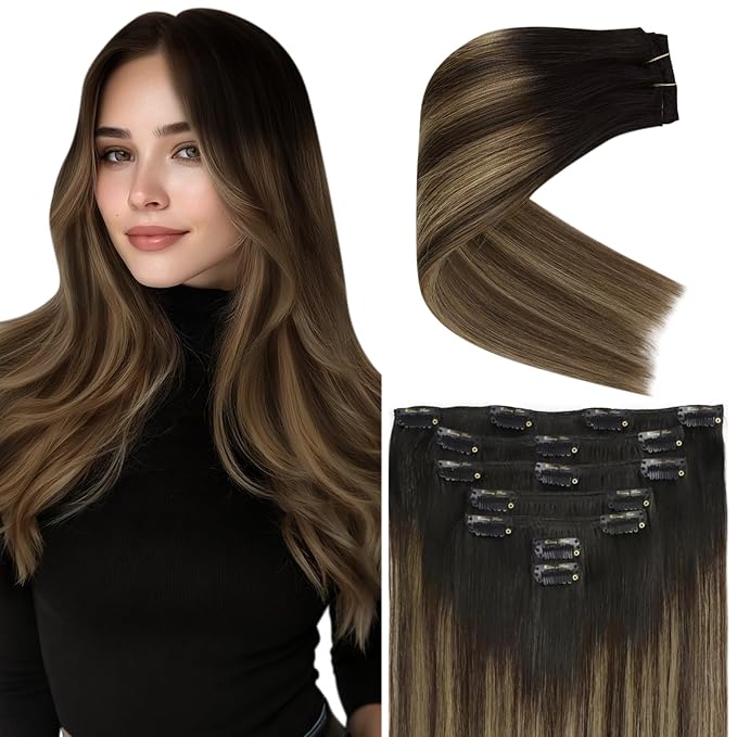 Ve Sunny Clip in Hair Extensions Real Human Hair Black Ombre Clip in Human Hair Extensions Black with Brown Blonde Balayage Hair Extensions Clip ins Short Hair 12Inch 80g