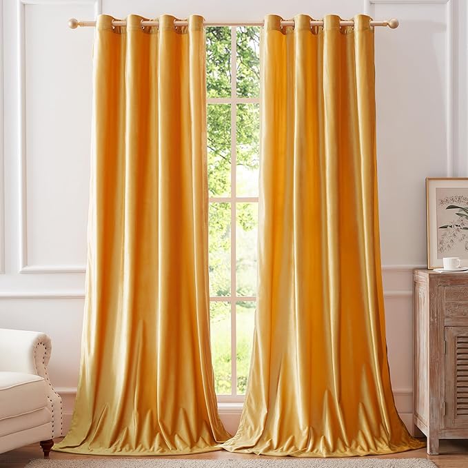 BULBUL Velvet Mustard Yellow Blackout Curtains 90 inch Long by ModernShinyVelvetCurtains