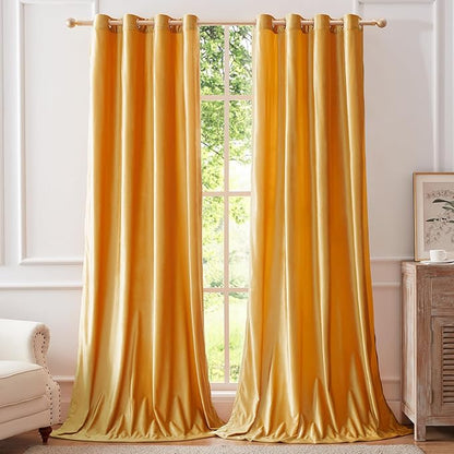 BULBUL Velvet Mustard Yellow Blackout Curtains 90 inch Long by ModernShinyVelvetCurtains