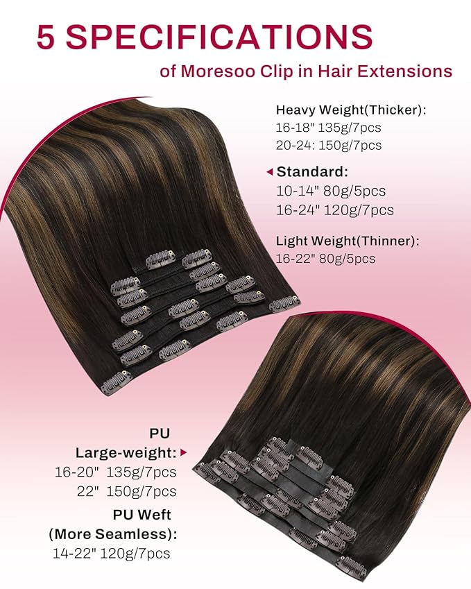 Moresoo Seamelss Clip in Hair Extensions Real Human Hair Brown Balayage Clip in Extensions Dark Brown to Chestnut Ombre Pu Weft Invisible Remy Human Hair Thick 135g/7pcs 20in