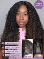YIROO EasiContour V Part Ombre Brown Human Hair Wig Curly 12A Glueless Upgrade U Part Wig Ombre Black to Chestnut Brown No Leave Out V Shape Clip Wigs Ready to Go 150% Density Beginner Friendly 24Inch