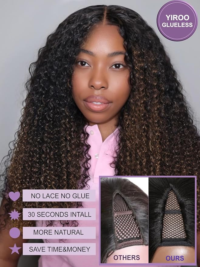 YIROO EasiContour V Part Ombre Brown Human Hair Wig Curly 12A Glueless Upgrade U Part Wig Ombre Black to Chestnut Brown No Leave Out V Shape Clip Wigs Ready to Go 150% Density Beginner Friendly 16Inch