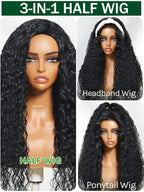 KLAIYI Water Wave 3 In 1 Flip Over 3/4 Half Wig Human Hair Curly Flip Over Seamless Blend Edges Glueless Wear and Go Drawstring Headband Clip In Wigs for Women Ready to Go Wig Beginner Friendly 16Inch