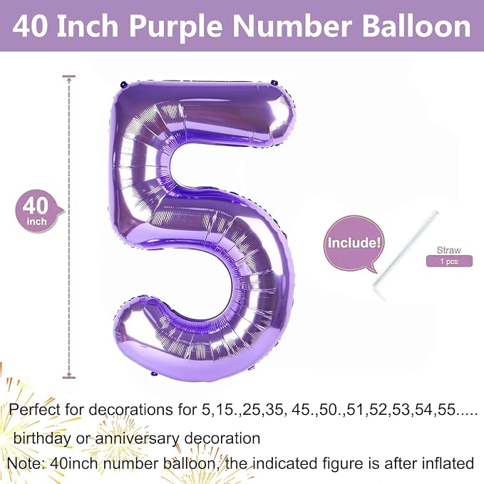 Purple Number Balloons, 40 Inch Purple Balloon 5.5 Helium Balloon 5th Birthday - Image 2