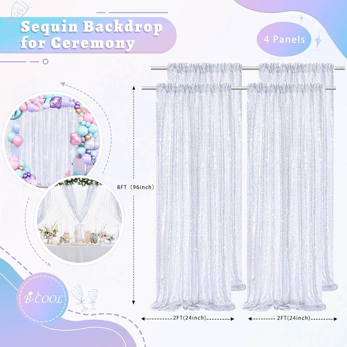 Laser Silver Sequin Backdrop Curtains 4 Pcs 2ftx8ft Glitter Fabric | Sparkly - Image 3