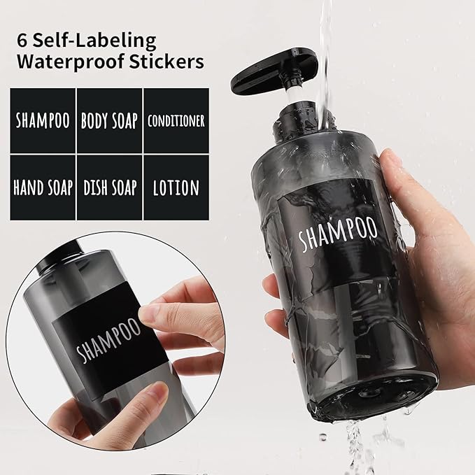 Segbeauty Shower Bottles Refillable, 3pcs 16.9oz/500ml Liquid Dispenser with Labels, Empty Plastic Lotion Pump Press Bottles for Shampoo, Conditioner, Body Soap, Hand Soap, Bathroom, Hotel - Gray
