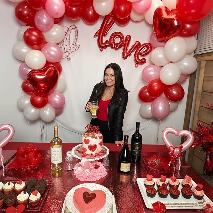 Valentine's Day Balloons, 12 Inch Pearl Pink Red Heart Shaped Confetti Latex - Image 7